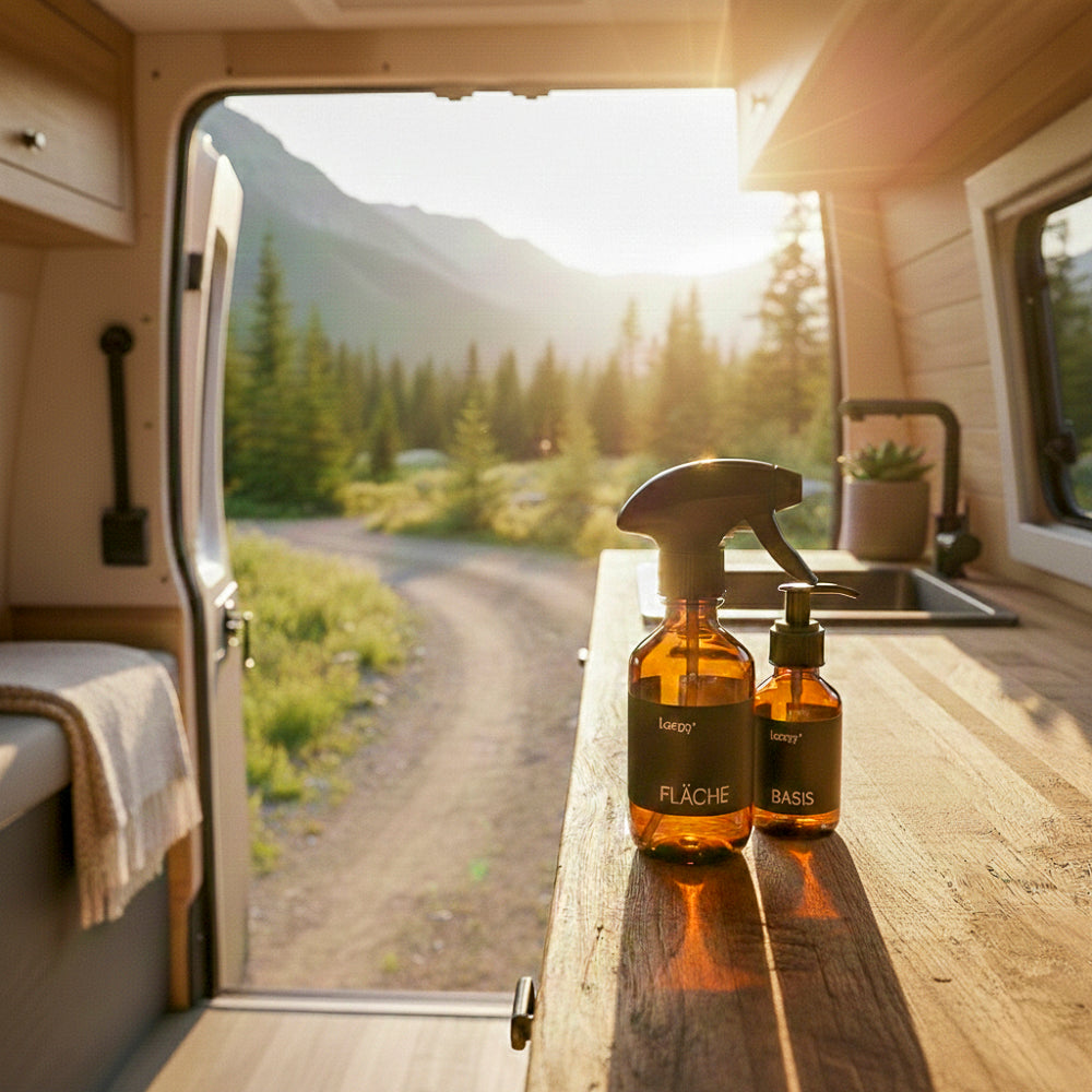 Camping Set in Camper bei Sonnenuntergang