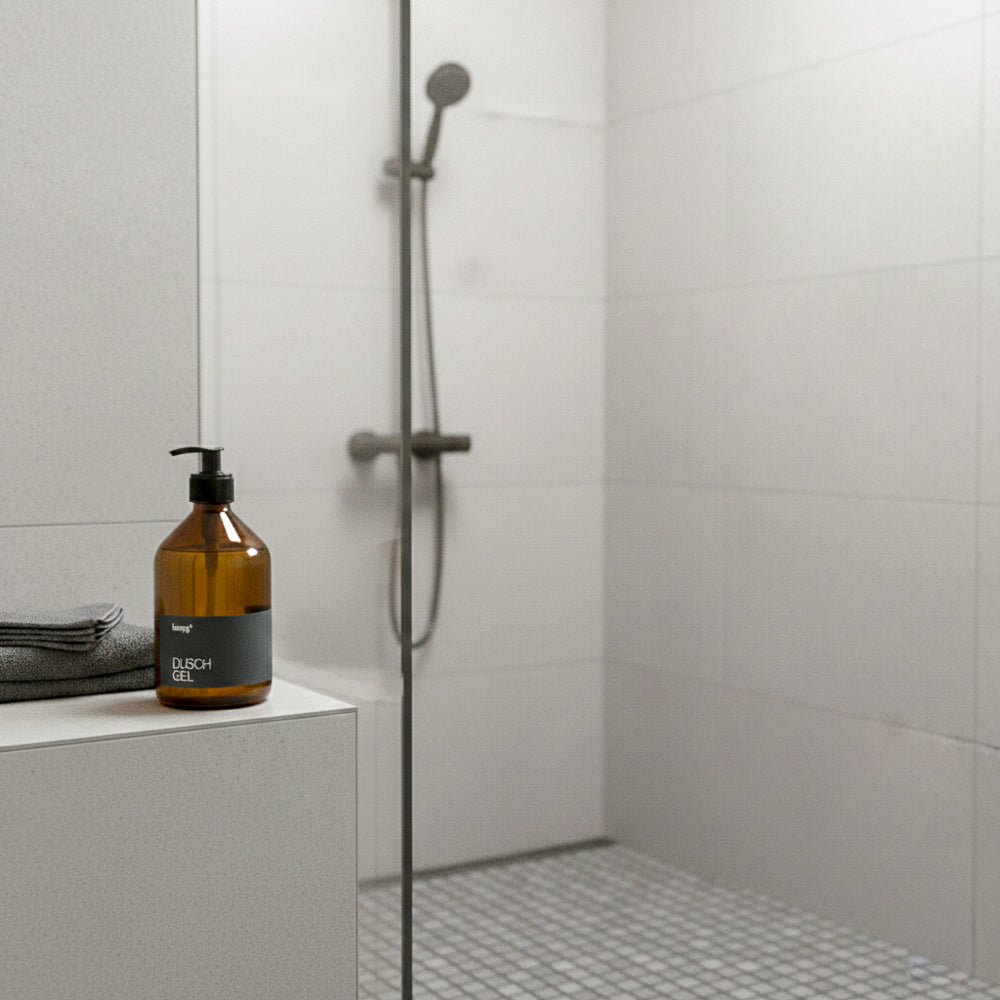 Braune Glas-Pumpflasche mit schwarzem Etikett „Duschgel“ steht auf einem hellen untergrundl in einer modernen Dusche mit weißen Fliesen; daneben liegen Handtücher