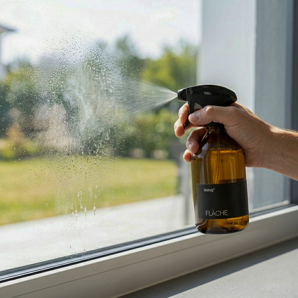 lessyg Fläche Mischung bei der Anwendung als Glasreiniger, streifenfrei und 100% natürlich