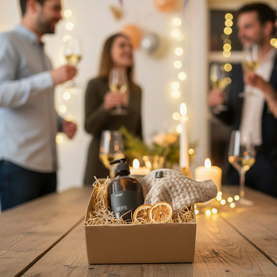 Geschenkbox mit Hand und Körper Seife & Waffeltuch Grete 25x25cm 100% Öko Tex Leinen das perfekte Geschenk für Freunde und Familie