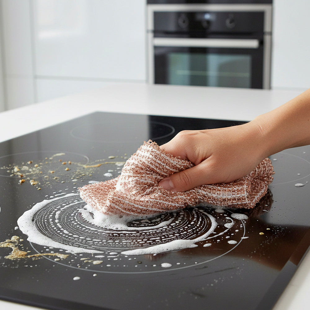 Anwendung des Kupfertuchs zum Reinigen von Kochfeldern und Glaskeramik im Nassen Zustand ohne zu kratzen. 