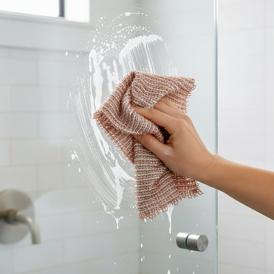 Anwendung des Kupfertuchs zum Reinigen von Glas Duschkabinen und Glas im Nassen Zustand ohne zu kratzen