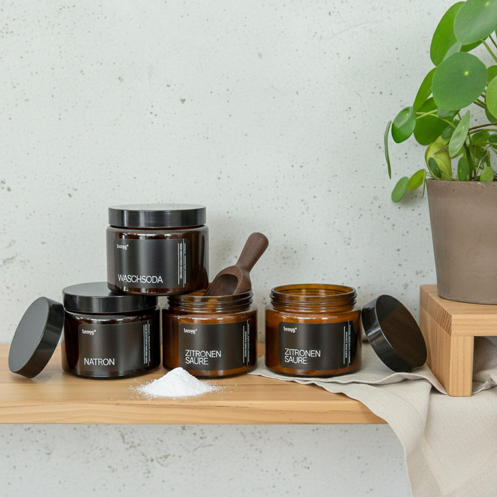 Glastiegel 3er Set mit offenem Deckel und Schaufel 